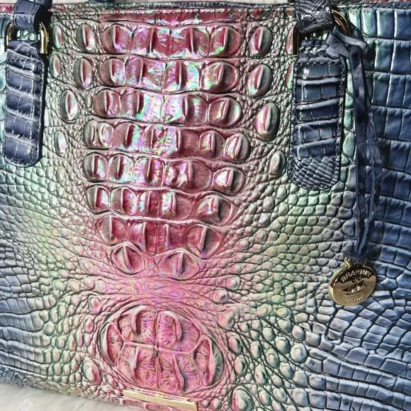 SOLD-Brahmin Iridescent Oil Slick Ombre Blue Pink Croc Leather Shoulder Bag - Picture 2 of 12